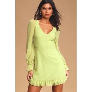 LULU'S Sheer Attraction Lime Green Long Sleeve Ruffled Mini Dress NWT Small